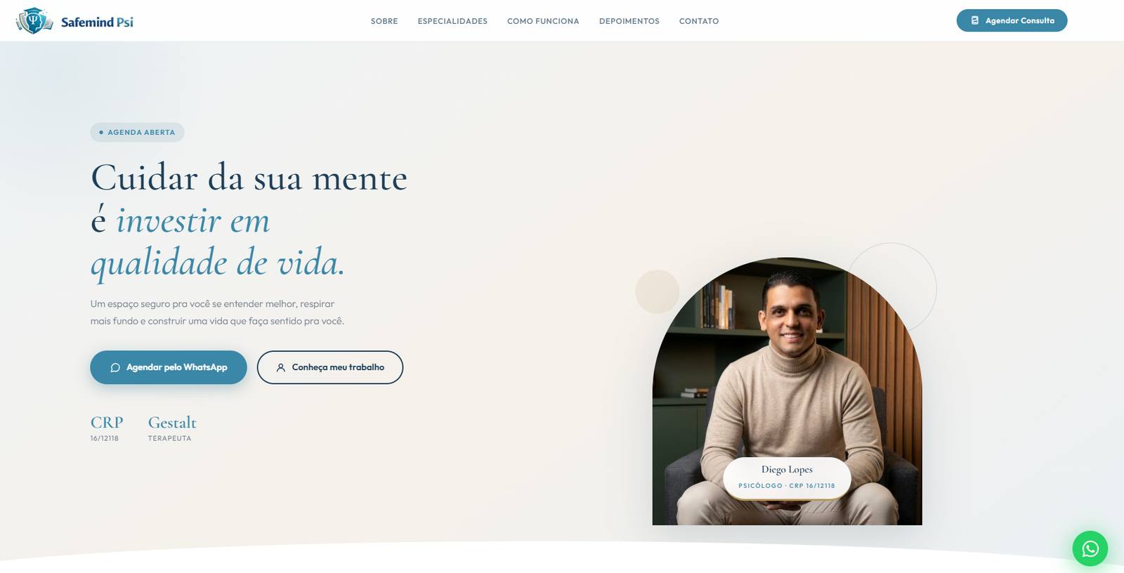 Página inicial da SafeMind Psicologia